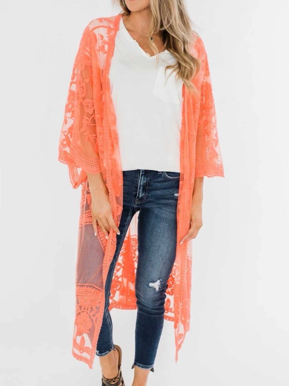 She + Sky, Bright Coral, Lace, Kimono, Floral, Long, Embroidered, Size M/L